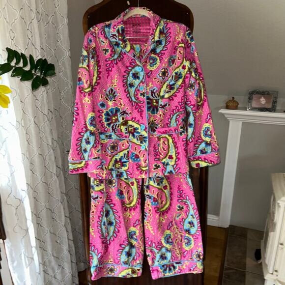 Nick & Nora Women’s Pajama Set Small Pink Paisley Button Front Top Pants Cotton - Picture 1 of 11